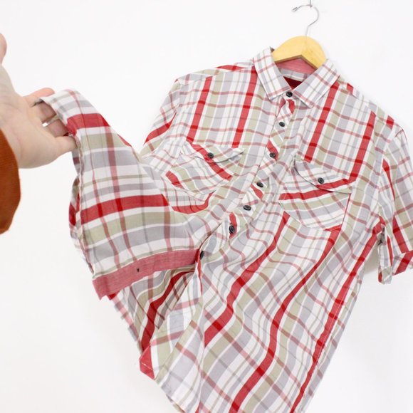 *Alfani Mens Beige & Red Plaid Short Sleeve Button Up - Picture 2 of 4